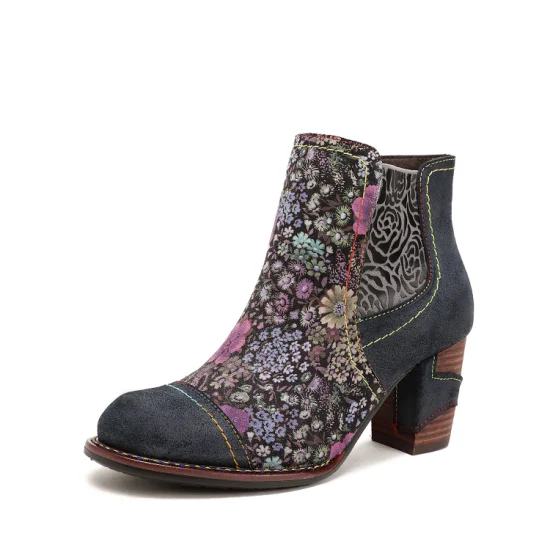 Botas de couro com costura artesanal de outono e salto grosso Jacquard